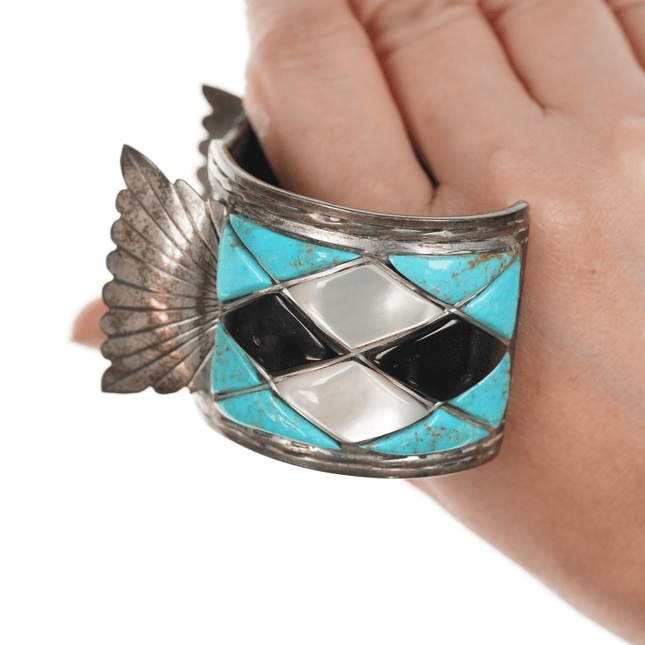 7" Vintage Native American sterling multi - stone inlay watch cuff bracelet - Estate Fresh Austin