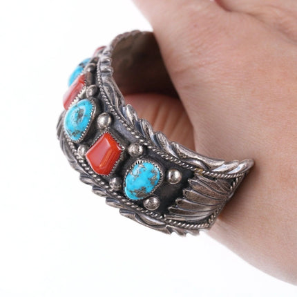 7" Vintage Navajo Sadie Randolph Sterling turquoise and coral bracelet - Estate Fresh Austin