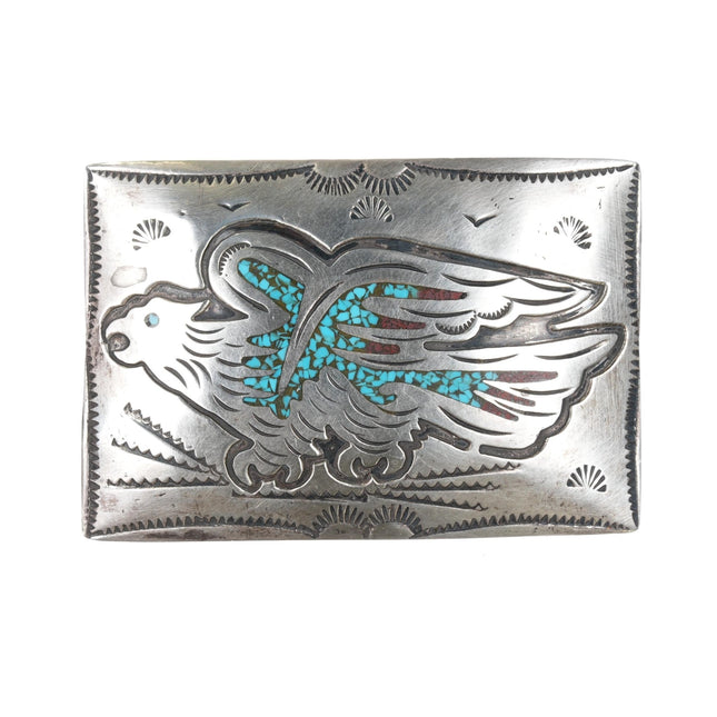 70's - 70's B Navajo sterling chip inlay eagle belt buckle - Estate Fresh Austin