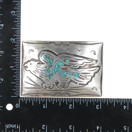 70's - 70's B Navajo sterling chip inlay eagle belt buckle - Estate Fresh Austin