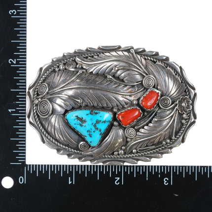 70's-80's Gilbert Ortega shop Navajo sterling turquoise and coral belt buckle - Estate Fresh Austin
