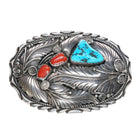 70's-80's Gilbert Ortega shop Navajo sterling turquoise and coral belt buckle - Estate Fresh Austin