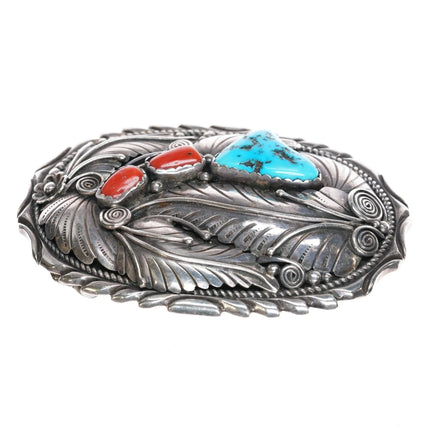 70's-80's Gilbert Ortega shop Navajo sterling turquoise and coral belt buckle - Estate Fresh Austin