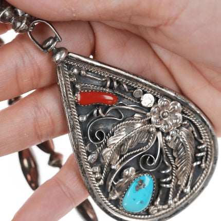 70's Vintage Navajo Silver Reversible Chip inlay turquoise and coral pendant necklace - Estate Fresh Austin