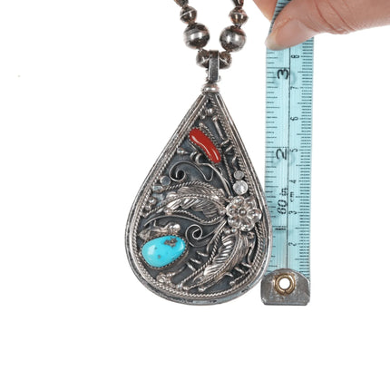 70's Vintage Navajo Silver Reversible Chip inlay turquoise and coral pendant necklace - Estate Fresh Austin