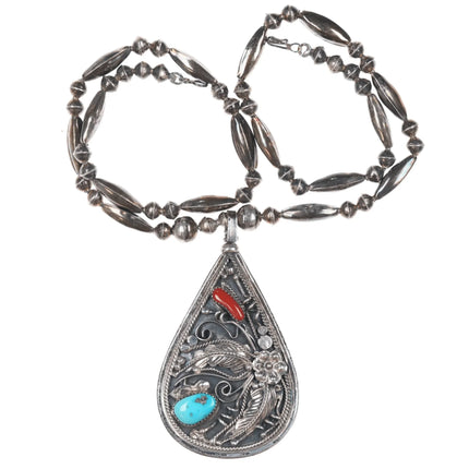 70's Vintage Navajo Silver Reversible Chip inlay turquoise and coral pendant necklace - Estate Fresh Austin