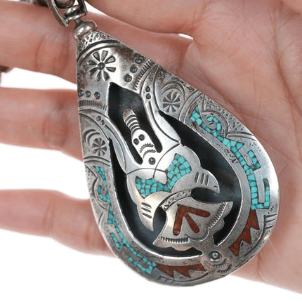 70's Vintage Navajo Silver Reversible Chip inlay turquoise and coral pendant necklace - Estate Fresh Austin