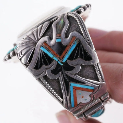 7.25" Vintage Peyote Bird Sterling silver inlay turquoise watch bracelet - Estate Fresh Austin