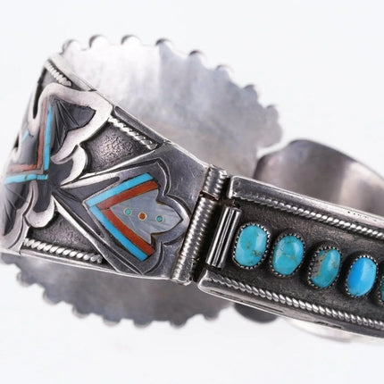 7.25" Vintage Peyote Bird Sterling silver inlay turquoise watch bracelet - Estate Fresh Austin