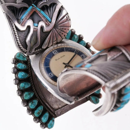 7.25" Vintage Peyote Bird Sterling silver inlay turquoise watch bracelet - Estate Fresh Austin