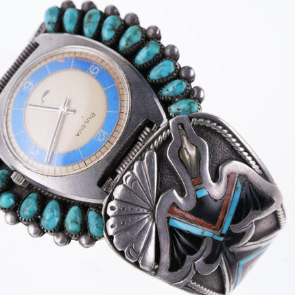 7.25" Vintage Peyote Bird Sterling silver inlay turquoise watch bracelet - Estate Fresh Austin