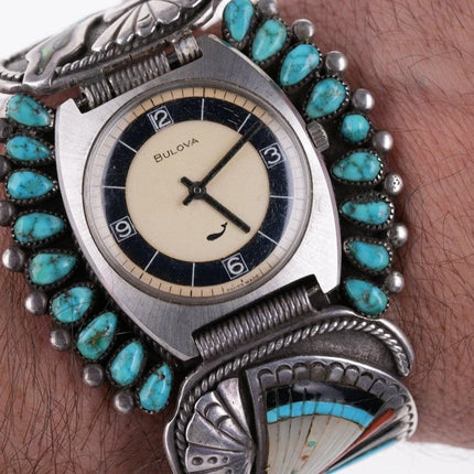 7.25" Vintage Peyote Bird Sterling silver inlay turquoise watch bracelet - Estate Fresh Austin