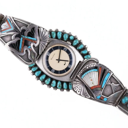 7.25" Vintage Peyote Bird Sterling silver inlay turquoise watch bracelet - Estate Fresh Austin