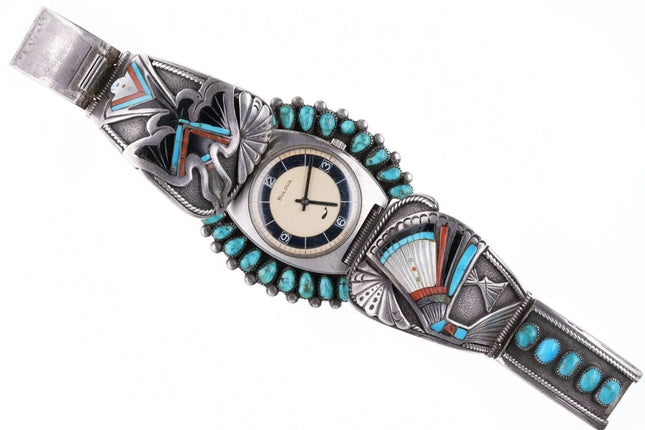 7.25" Vintage Peyote Bird Sterling silver inlay turquoise watch bracelet - Estate Fresh Austin