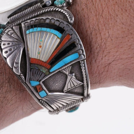 7.25" Vintage Peyote Bird Sterling silver inlay turquoise watch bracelet - Estate Fresh Austin