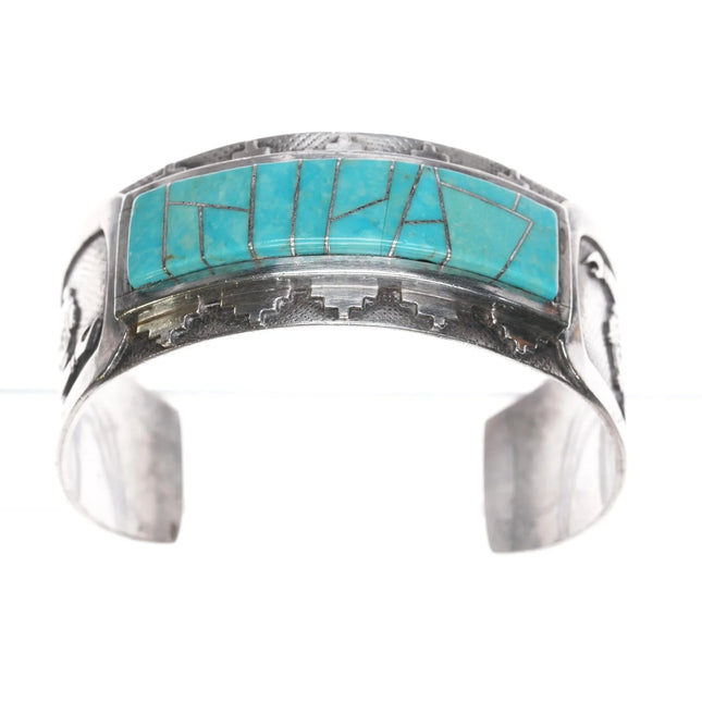7.25" Cecil Ashley Navajo sterling cuff bracelet with turquoise inlay - Estate Fresh Austin