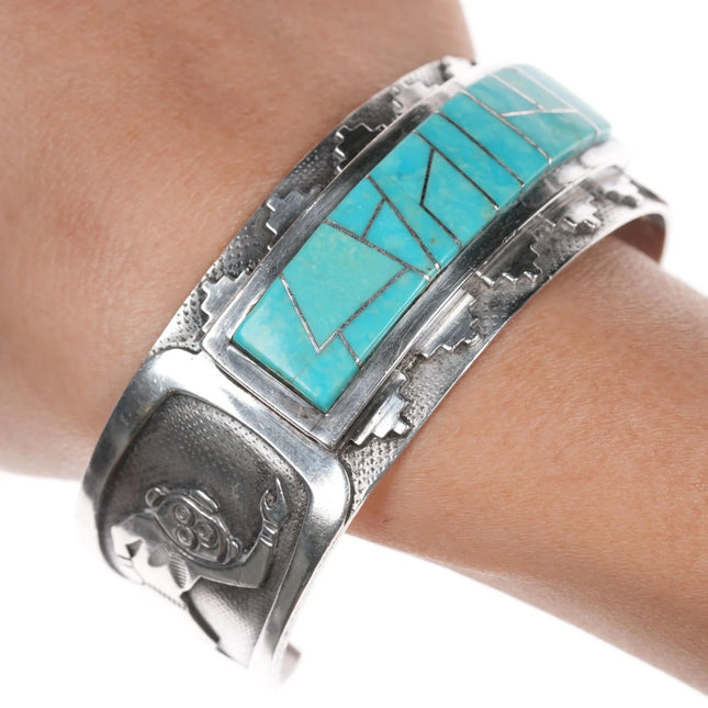 7.25" Cecil Ashley Navajo sterling cuff bracelet with turquoise inlay - Estate Fresh Austin