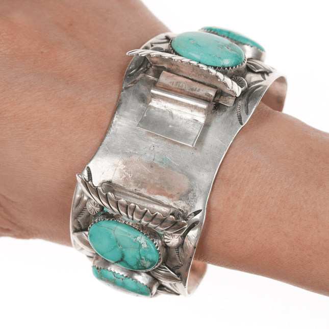 7.25" Large Benally Navajo watch cuff bracelet with turquoise - Estate Fresh Austin