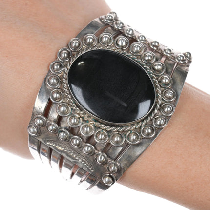 7.25" large Vintage Native American sterling onyx cuff bracelet - Estate Fresh Austin