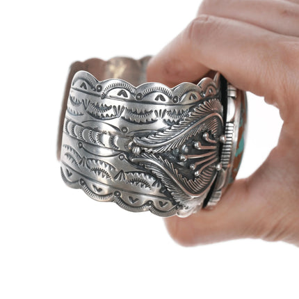 7.25" Marcella James Navajo silver and turquoise cuff bracelet - Estate Fresh Austin
