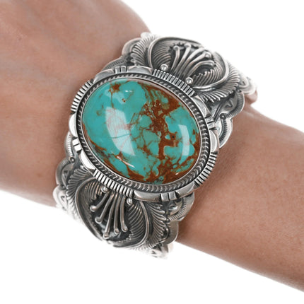 7.25" Marcella James Navajo silver and turquoise cuff bracelet - Estate Fresh Austin