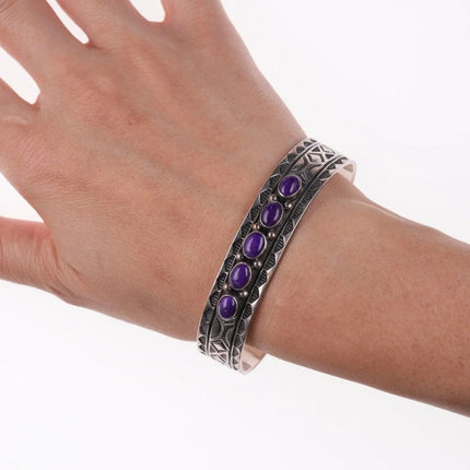 7.25" Navajo Sterling silver Sugilite heavy stamped silver row cuff bracelet - Estate Fresh Austin