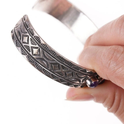 7.25" Navajo Sterling silver Sugilite heavy stamped silver row cuff bracelet - Estate Fresh Austin