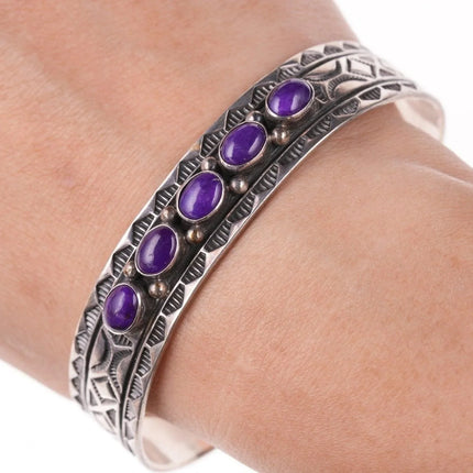 7.25" Navajo Sterling silver Sugilite heavy stamped silver row cuff bracelet - Estate Fresh Austin
