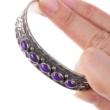 7.25" Navajo Sterling silver Sugilite heavy stamped silver row cuff bracelet - Estate Fresh Austin