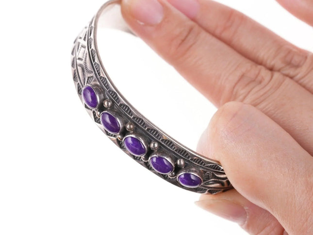 7.25" Navajo Sterling silver Sugilite heavy stamped silver row cuff bracelet - Estate Fresh Austin
