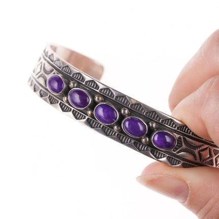 7.25" Navajo Sterling silver Sugilite heavy stamped silver row cuff bracelet - Estate Fresh Austin