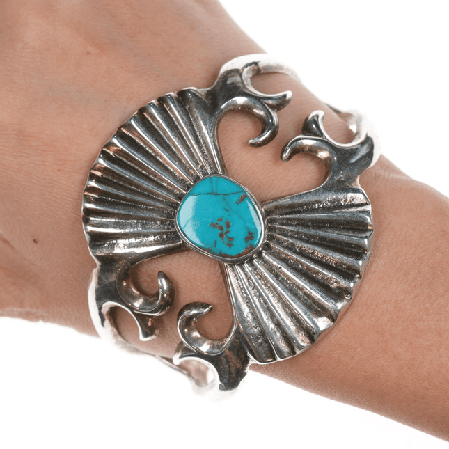 7.25" Vintage JP Native American Sandcast silver and turquoise cuff bracelet - Estate Fresh Austin