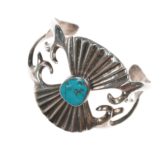 7.25" Vintage JP Native American Sandcast silver and turquoise cuff bracelet - Estate Fresh Austin