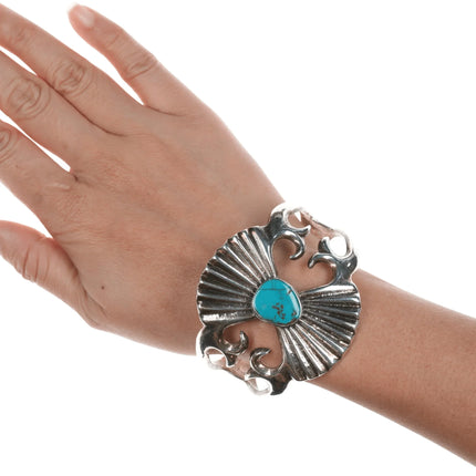 7.25" Vintage JP Native American Sandcast silver and turquoise cuff bracelet - Estate Fresh Austin