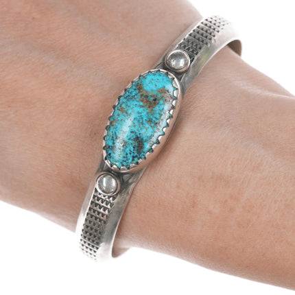 7.25" Vintage Navajo Heavy stamped silver cuff bracelet with turquoise - Estate Fresh Austin