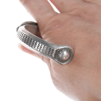 7.25" Vintage Navajo Heavy stamped silver cuff bracelet with turquoise - Estate Fresh Austin