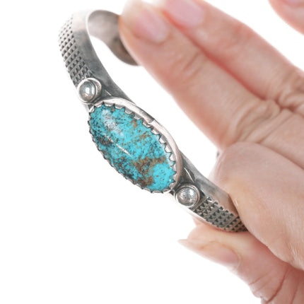 7.25" Vintage Navajo Heavy stamped silver cuff bracelet with turquoise - Estate Fresh Austin