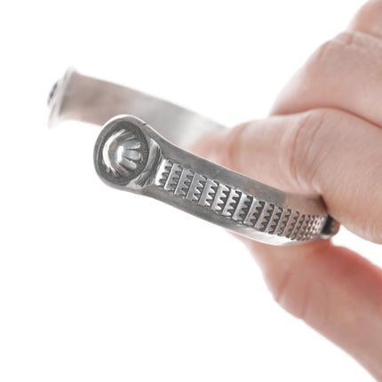 7.25" Vintage Navajo Heavy stamped silver cuff bracelet with turquoise - Estate Fresh Austin