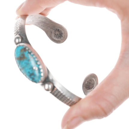 7.25" Vintage Navajo Heavy stamped silver cuff bracelet with turquoise - Estate Fresh Austin