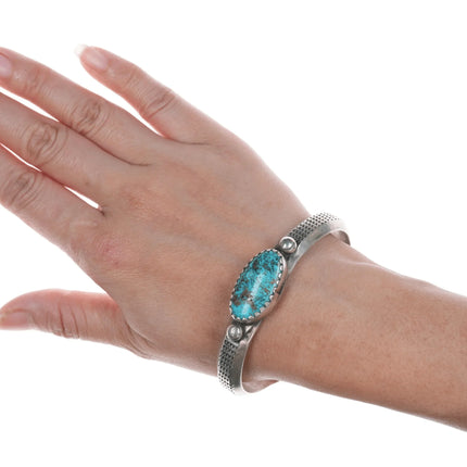 7.25" Vintage Navajo Heavy stamped silver cuff bracelet with turquoise - Estate Fresh Austin