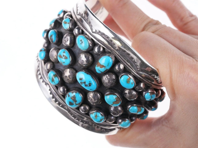 7.25" Vintage Navajo Silver Turquoise triple row bracelet - Estate Fresh Austin