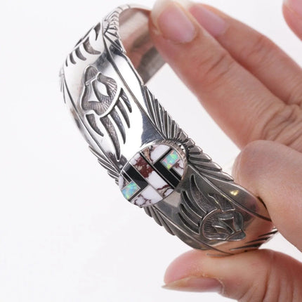 7.5" Charlie Bowie Navajo Channel inlay Sterling silver overlay style bracelet - Estate Fresh Austin