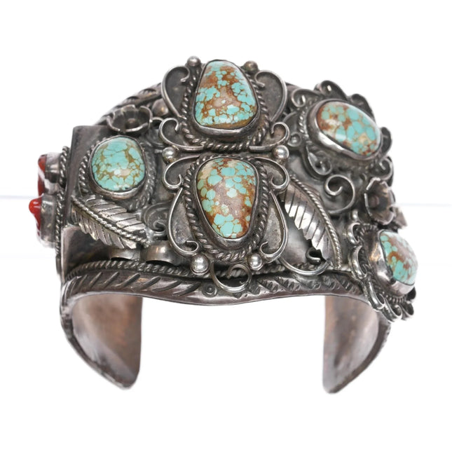 7.5" Delores Paul Yazzie (1935-2024) Navajo silver #8 Turquoise coral cuff bracelet - Estate Fresh Austin