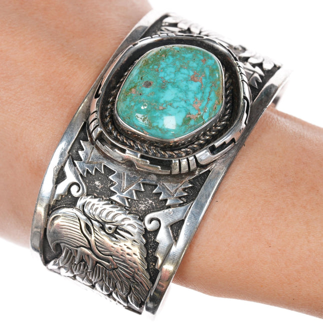 7.5" Freddy Charley Navajo Sterling high grade turquoise cuff bracelet - Estate Fresh Austin