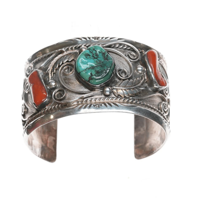 7.5" Large 1970's Navajo sterling, turquoise, and coral cuff bracelet - Estate Fresh Austin