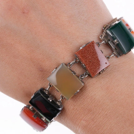 7.5" Vintage Japanese Sterling Jade, Agate, and other stone bracelet - Estate Fresh Austin