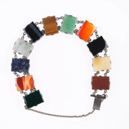 7.5" Vintage Japanese Sterling Jade, Agate, and other stone bracelet - Estate Fresh Austin