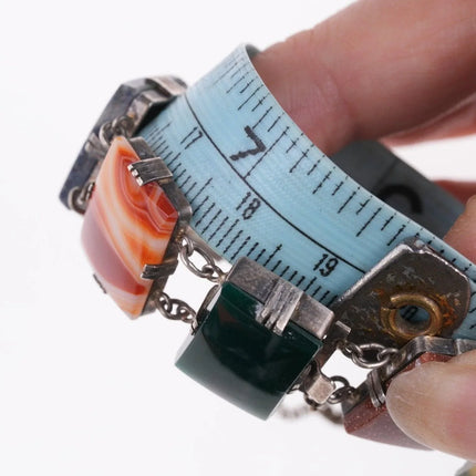 7.5" Vintage Japanese Sterling Jade, Agate, and other stone bracelet - Estate Fresh Austin