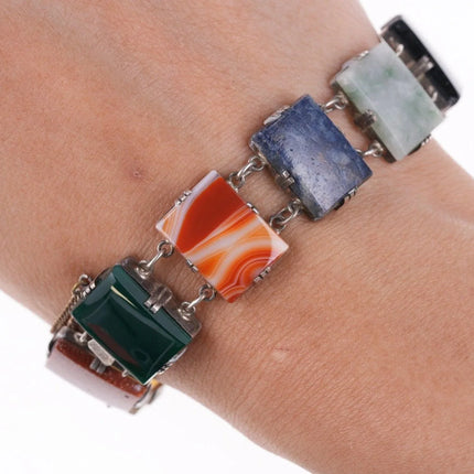 7.5" Vintage Japanese Sterling Jade, Agate, and other stone bracelet - Estate Fresh Austin