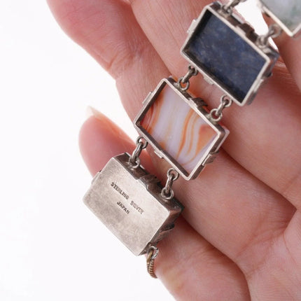 7.5" Vintage Japanese Sterling Jade, Agate, and other stone bracelet - Estate Fresh Austin